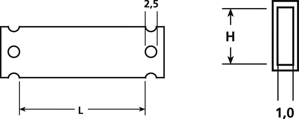 Technický výkres obdélníkového dílu s rozměry: délka (L), výška (H), šířka 1,0 mm, rozteč otvorů 2,5 mm.
