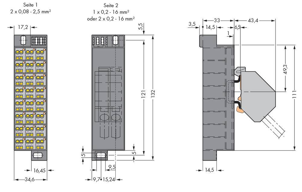 Technický výkres elektrického konektoru se třemi pohledy, detailními rozměry a možnostmi připojení kabelů o průřezu 0,08 - 2,5 mm².
