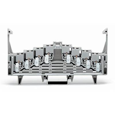 Šedý elektrický svorkovnicový modul s několika připojovacími body, používaný pro průmyslové nebo technické aplikace.