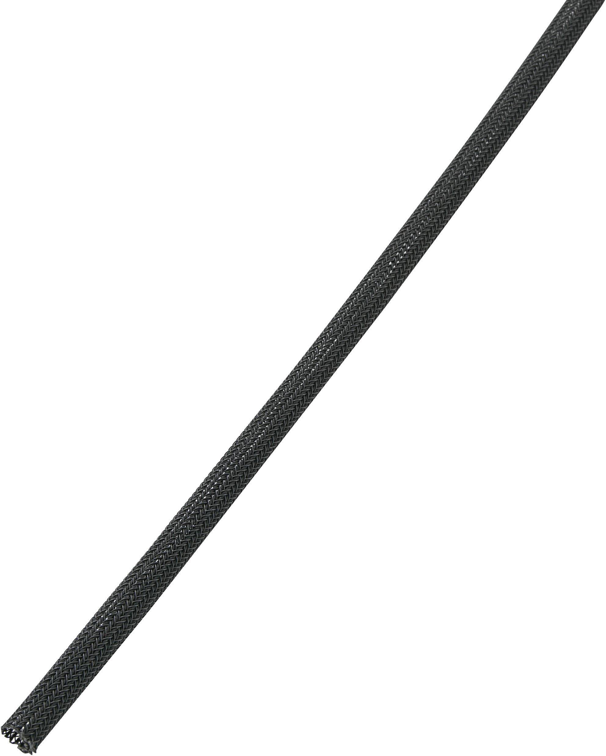 Černý pletený kabelový plášť, který se používá k ochraně a svazkování kabelů.