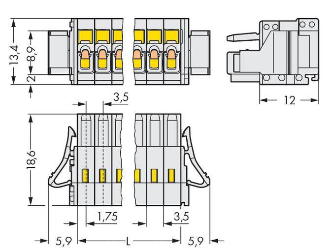 Technický výkres elektrického konektoru s rozměry: 18,6 mm výška, 12 mm šířka. Viditelné detaily vnitřních komponent.