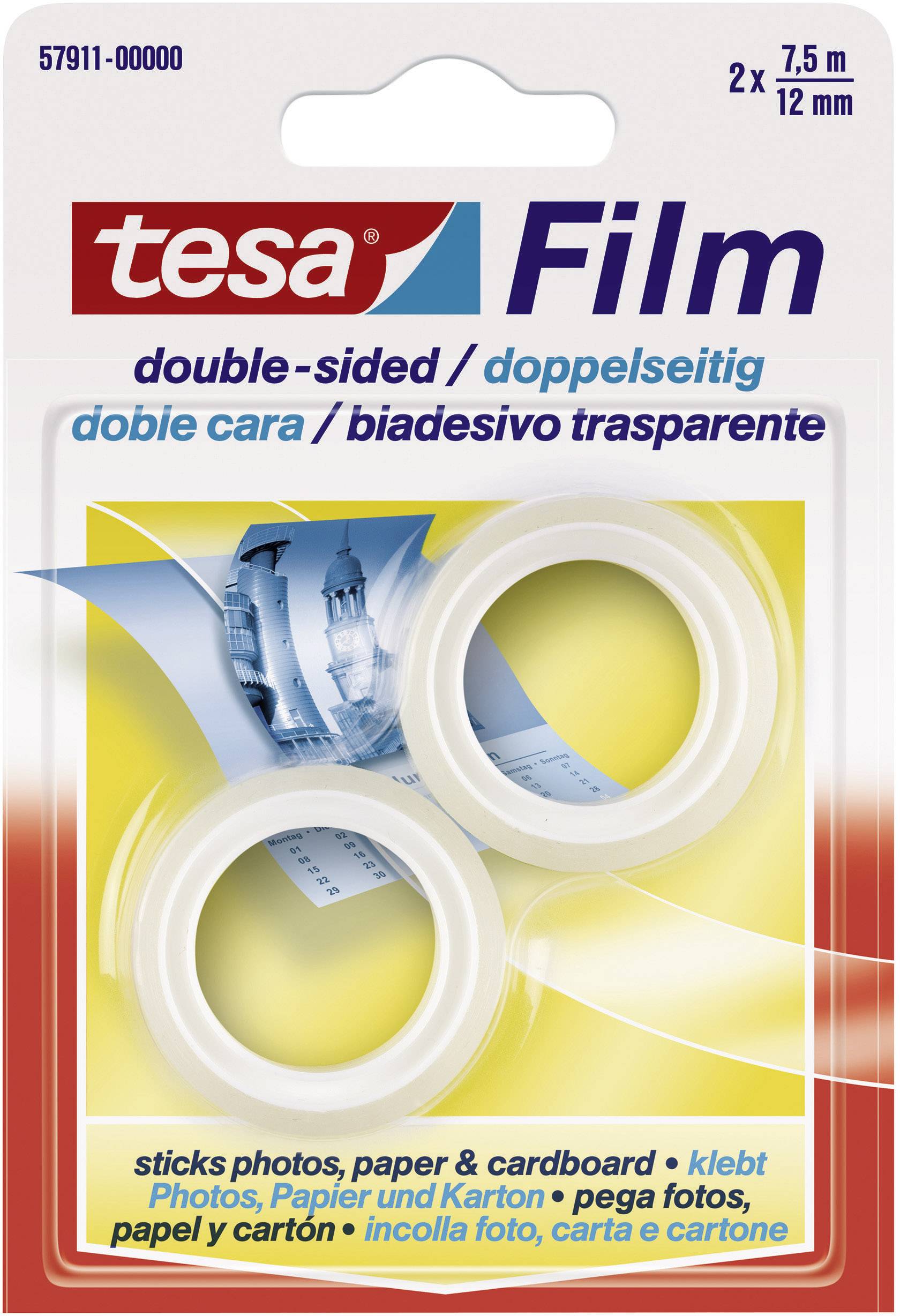 Průhledná oboustranná lepicí páska 'tesa Film', 2 role po 7,5 m x 12 mm, vhodná pro fotografie, papír a lepenku.