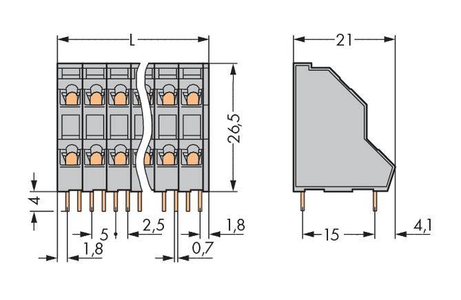 Obrázek ukazuje technické výkresy konektoru s rozměry: šířka 21 mm, výška 26,5 mm, rozteč pinů 2,5 mm.