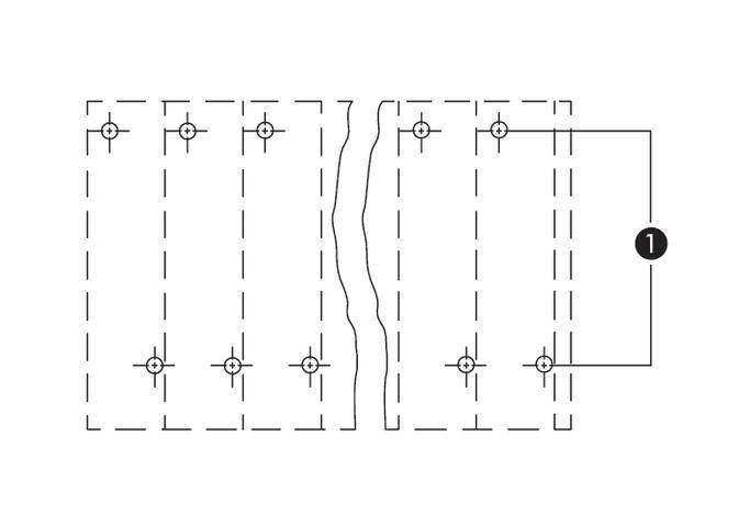 Diagram zobrazuje dvě propojené řady obdélníkových panelů, každá s šesti upevňovacími body. Svorka spojuje tyto řady.