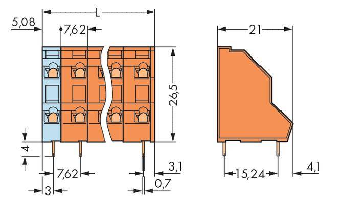 Technický výkres elektrického konektoru s rozměry: délka 21 mm, výška 26,5 mm. Obsahuje detailní rozměry.