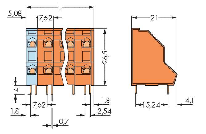 Technický výkres elektrického konektoru s rozměry v milimetrech: šířka 21, výška 26,5, hloubka 15,24.