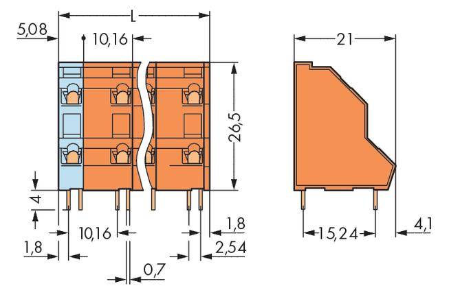 Technický výkres oranžovo-modrého zásuvného konektoru s rozměry. Hlavní rozměry: šířka 10,16 mm, výška 26,5 mm, hloubka 4,1 mm.