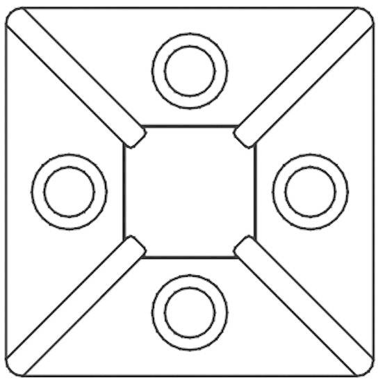 Čtvercové designové schéma s centrálním čtvercem a čtyřmi pravidelně rozmístěnými kruhy, propojené diagonálními liniemi.