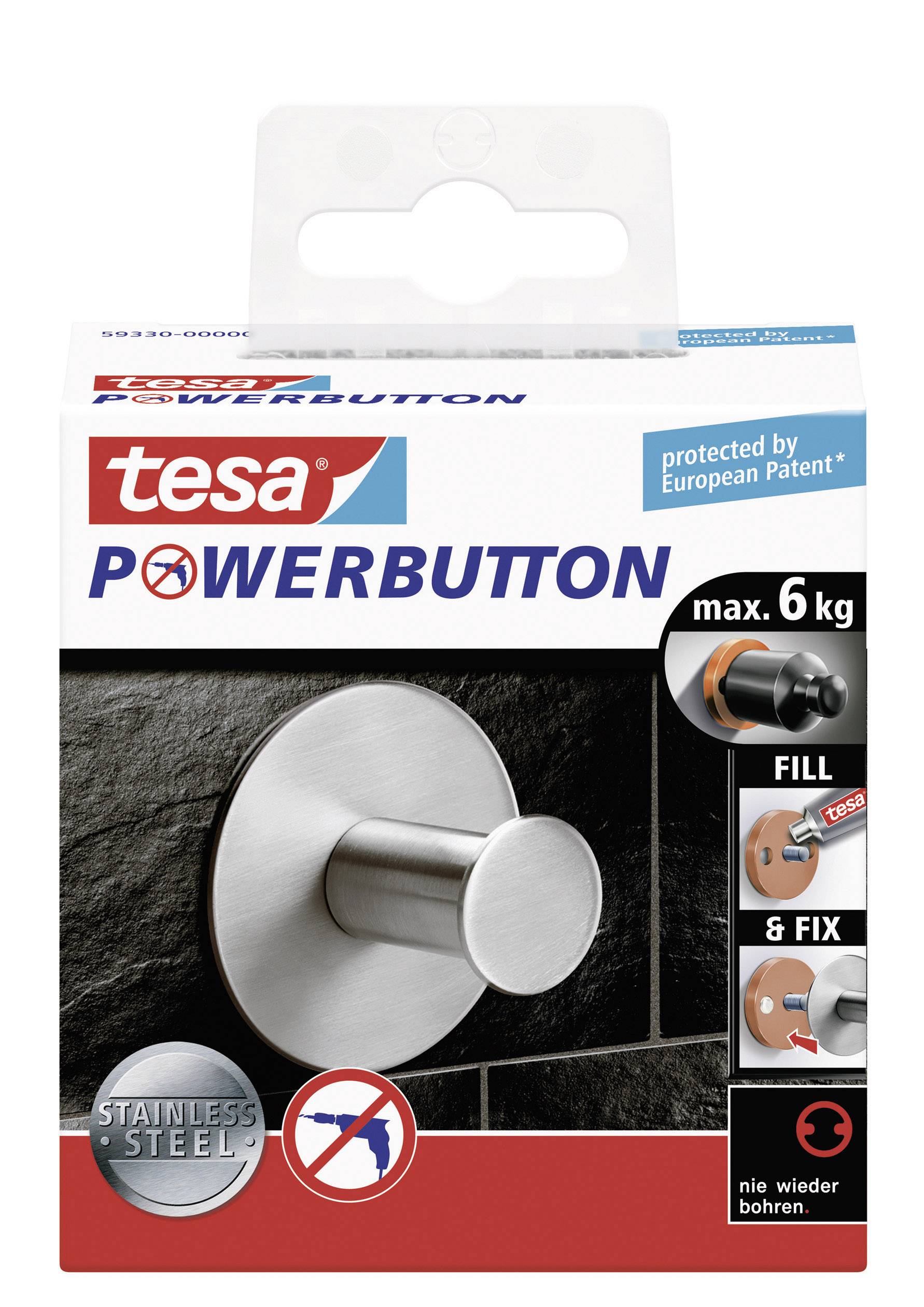 Balení nástěnného háčku z nerezové oceli 'tesa Powerbutton', unese až 6 kg, upevnění bez vrtání, včetně bezpečnostního pokynu.