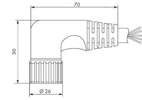 Technický výkres úhlové zástrčky s rozměry: celková délka 70 mm, výška 50 mm, průměr 26 mm. Detailní znázornění drážkování.