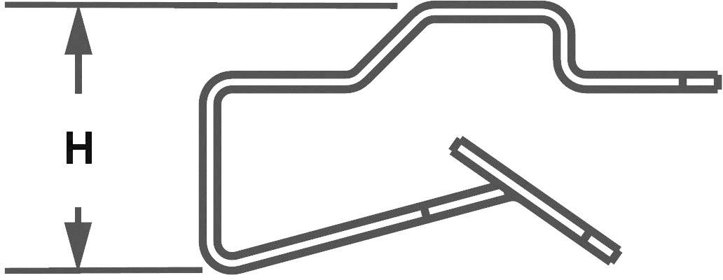 Diagram ohybu trubky s měrnou jednotkou 'H' znázorňující vertikální vzdálenost.