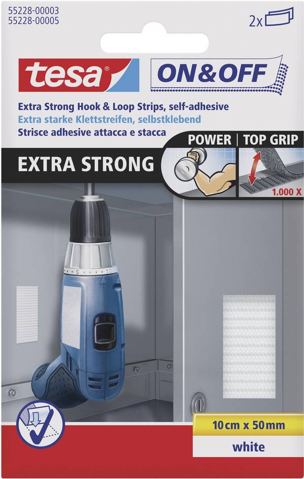 TESA On & Off 55228-03-00 pásek na suchý zip, lepicí, háčková a flaušová část, extra silná, (d x š) 100 mm x 50 mm, bílá, 2 ks