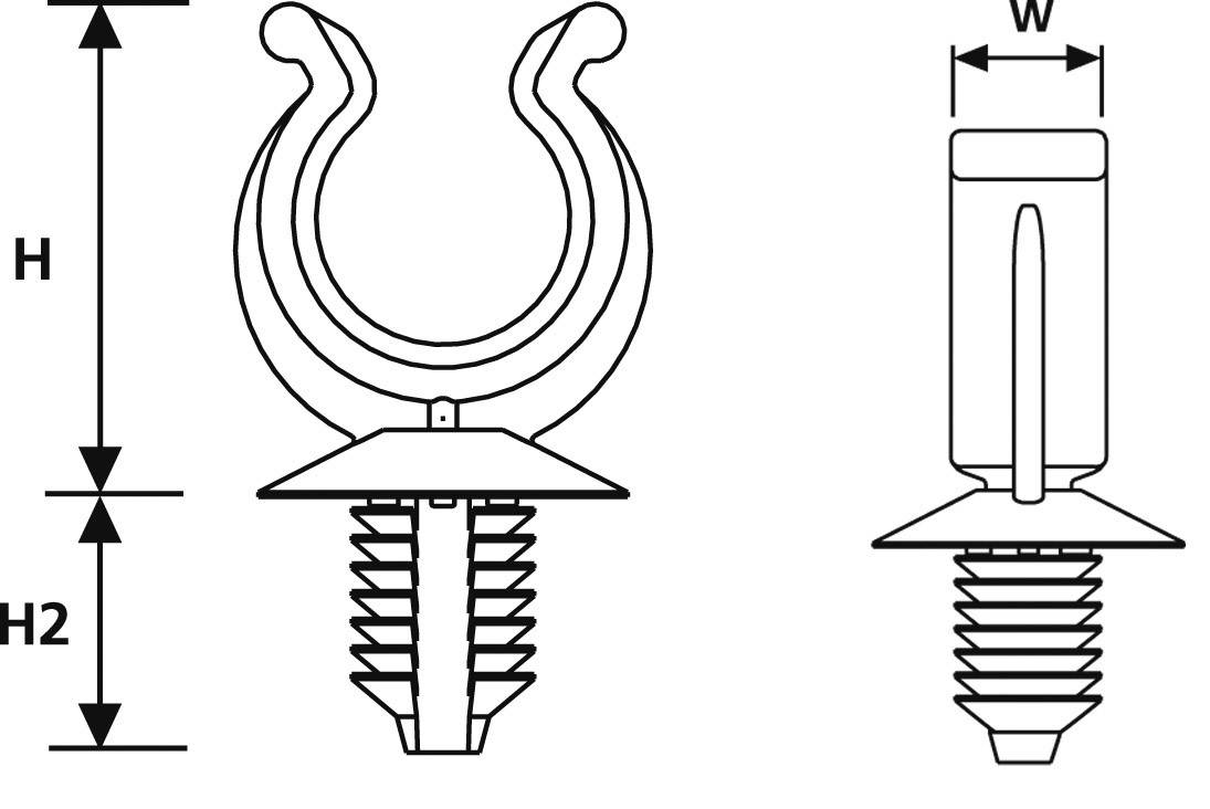 Technický výkres zobrazuje U-svorku se závitem dole. Dva pohledy: boční a čelní s rozměry H, H2, W.