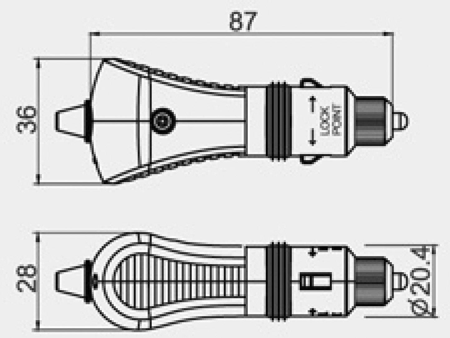 Technický výkres C13 konektoru s rozměry: délka 87 mm, šířka 36 mm, výška 28 mm, průměr 20,4 mm.