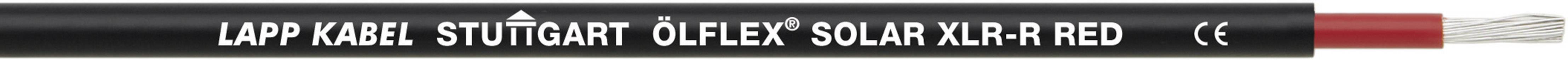 Černý kabel s červeným koncem, označený nápisem 'LAPP KABEL STUTTGART ÖLFLEX SOLAR XLR RED CE'.