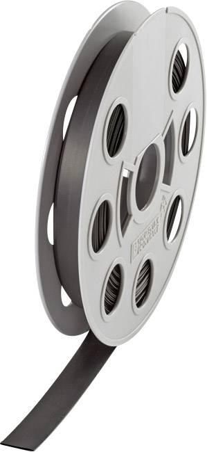 Velká šedá filmová cívka s několika kulatými otvory, z níž vyčuhuje kus filmu.
