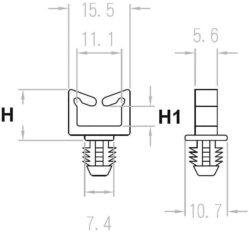 Technický výkres šroubu s rozměry: délka 15,5 mm, šířka hlavy 11,1 mm, celková šířka 7,4 mm, průměr dříku 5,6 mm, délka závitu 10,7 mm.