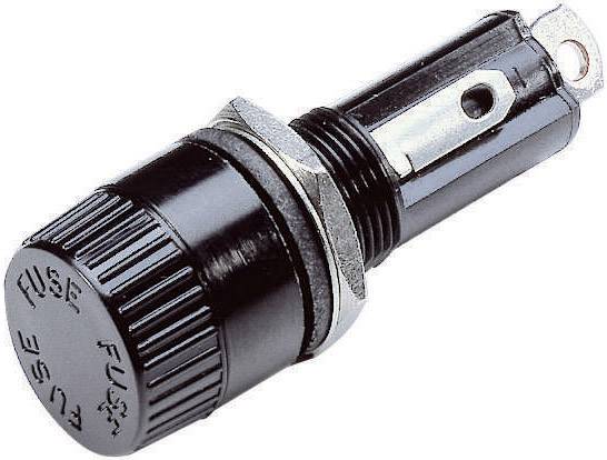 Zobrazený předmět je černý otočný knoflík s nápisem 'Fuse'. Knoflík slouží k uchycení a výměně pojistky.