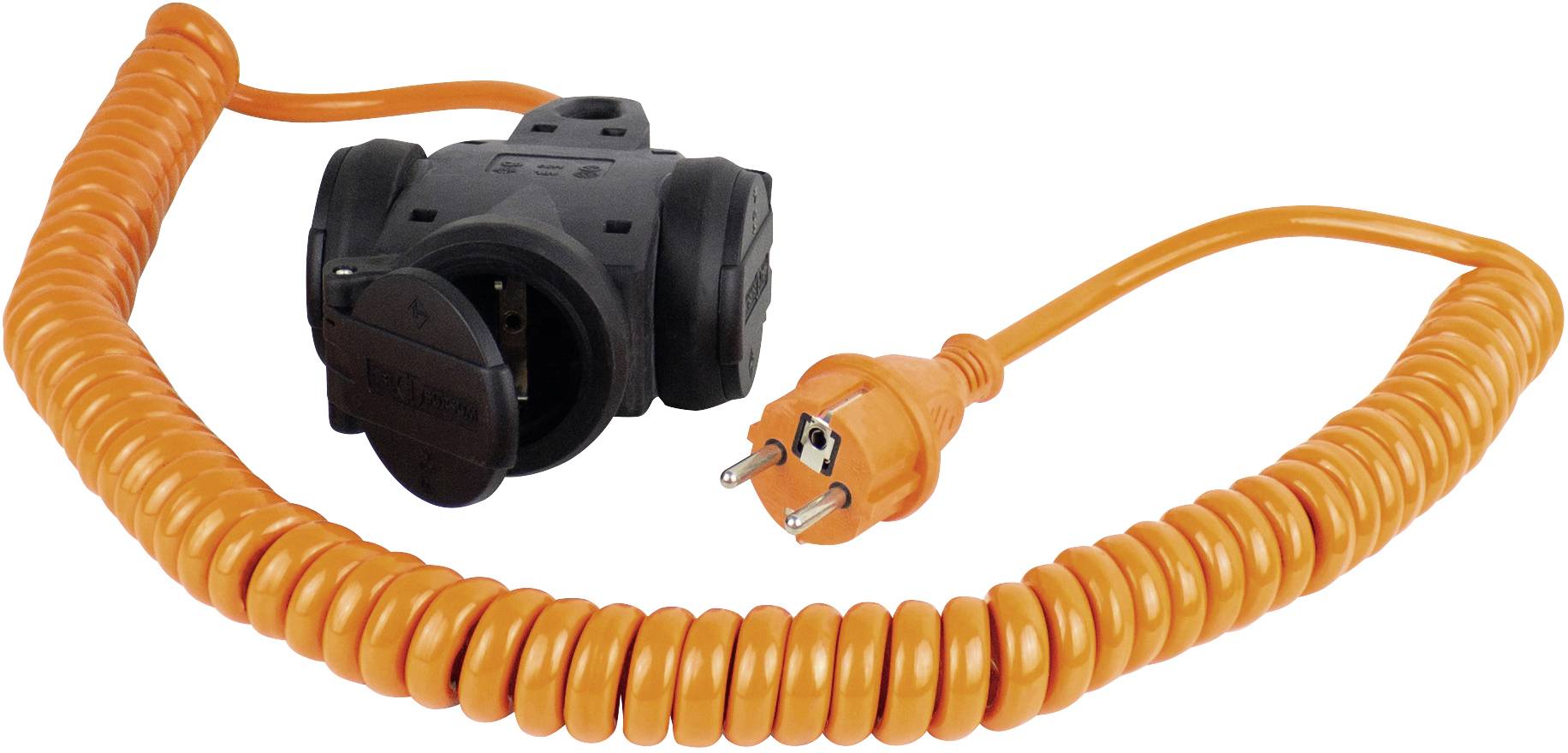 Dlouhý oranžový spirálový kabel s třípólovým konektorem a černou zásuvkou.
