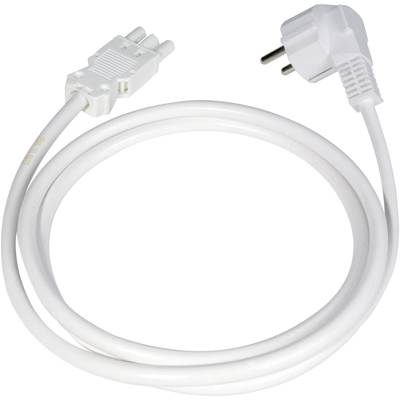 Bílý napájecí kabel se Schuko zástrčkou na jedné straně a IEC konektorem na straně druhé, vhodný pro elektronická zařízení.