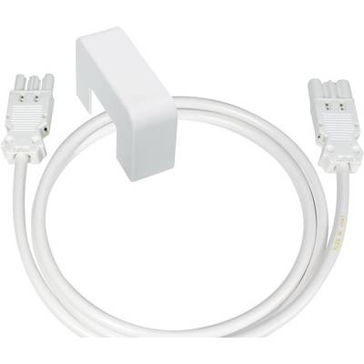 Bílý elektrický kabel se dvěma zástrčkami a háčkem uprostřed pro uskladnění nebo snadnou manipulaci.