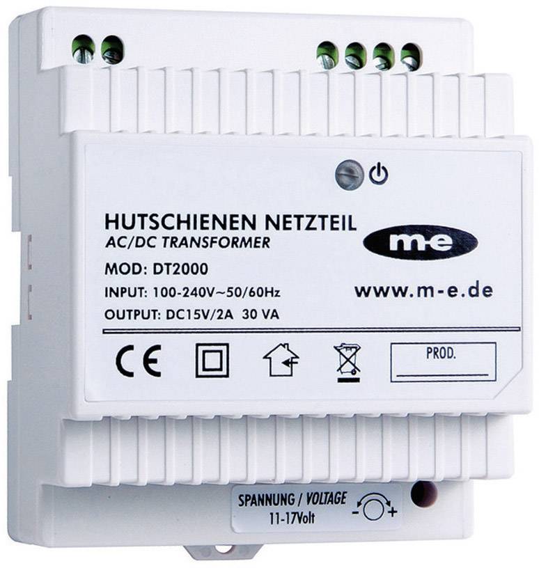 Napájecí zdroj na DIN lištu AC/DC, model DT2000, vstup 100-240V, výstup DC15V/2A, 30W, certifikováno CE. Zobrazen v bílém pouzdře.