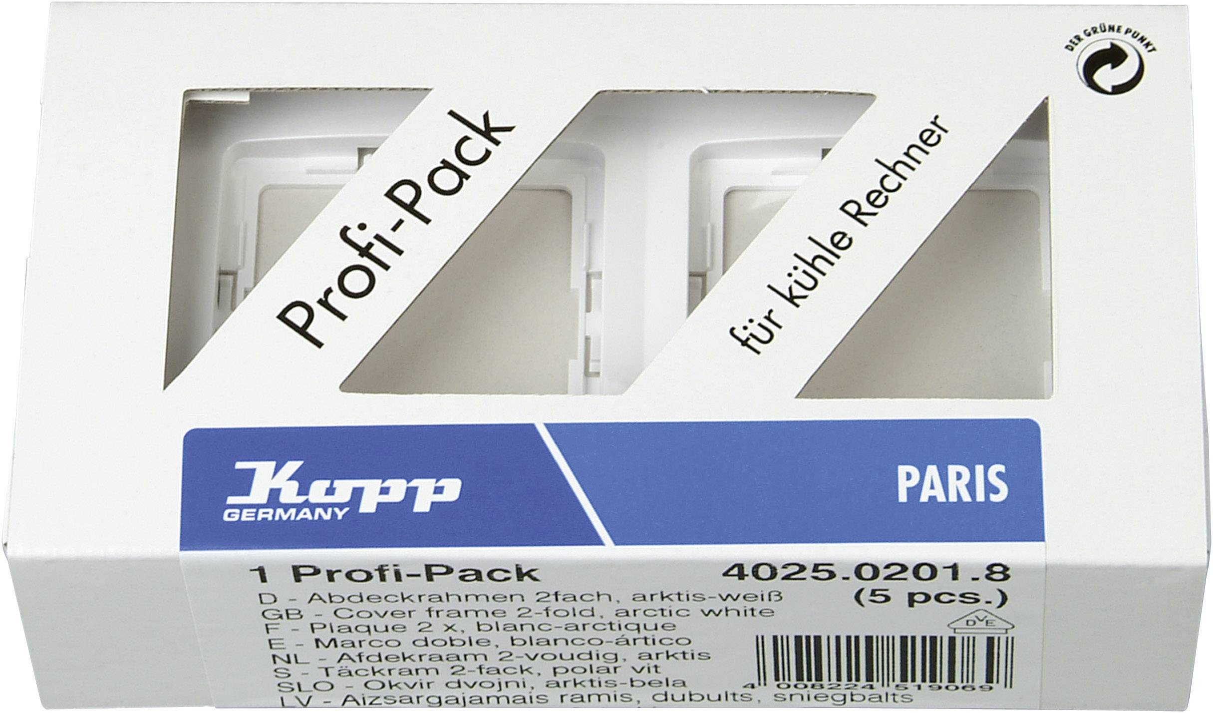Balení Kopp 'Profi-Pack' s bílými krycími rámečky pro zásuvky, 5 kusů. Viditelné firemní logo a název produktu.