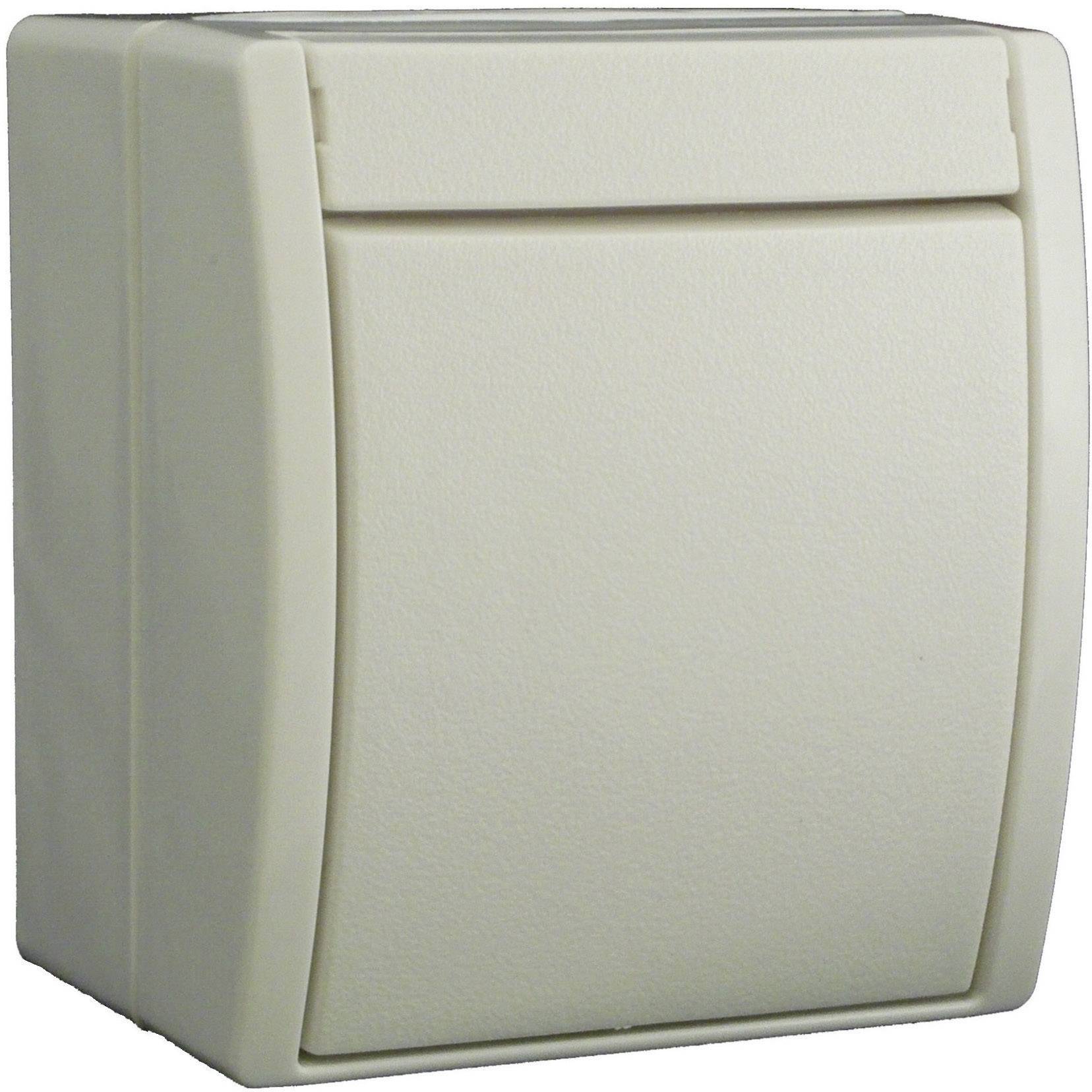 Krémový nástěnný vypínač se zaoblenými hranami. Vypínač je navržen v neutrálním stylu a zdá se být vhodný do interiérů.