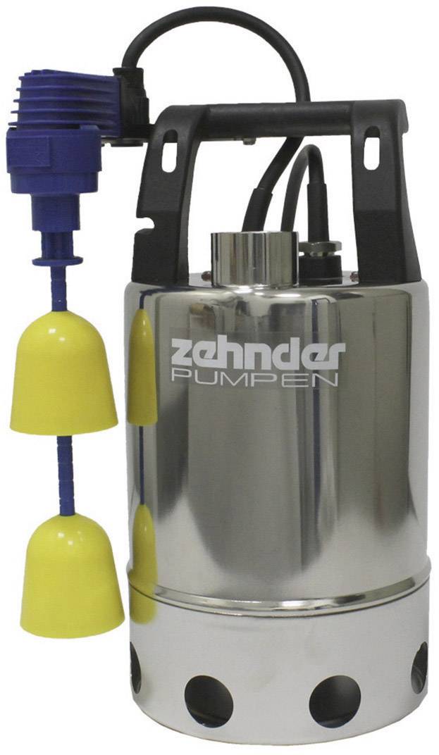 Stříbrná vodní pumpa se dvěma žlutými plovoucími tělesy a černou rukojetí. Na pumpě je nápis 'Zehnder Pumpen'.
