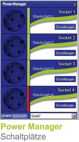 Rozhraní 'Power Manager' se čtyřmi sloty pro správu napájení. Každý slot obsahuje vypínač a možnosti nastavení.