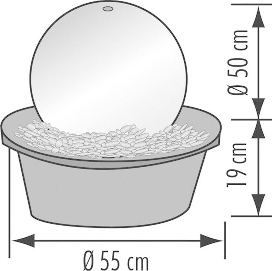 Náčrt fontány s vodní koulí, průměr koule 50 cm, průměr bazénku 55 cm, výška 19 cm. Ideální do zahrady.