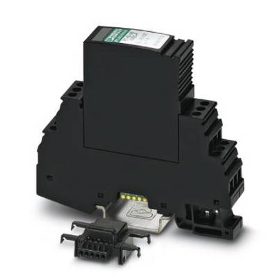 Černá elektronická komponenta s připevněným rozhraním, montovaná na DIN lištu. Vhodná pro průmyslové aplikace.