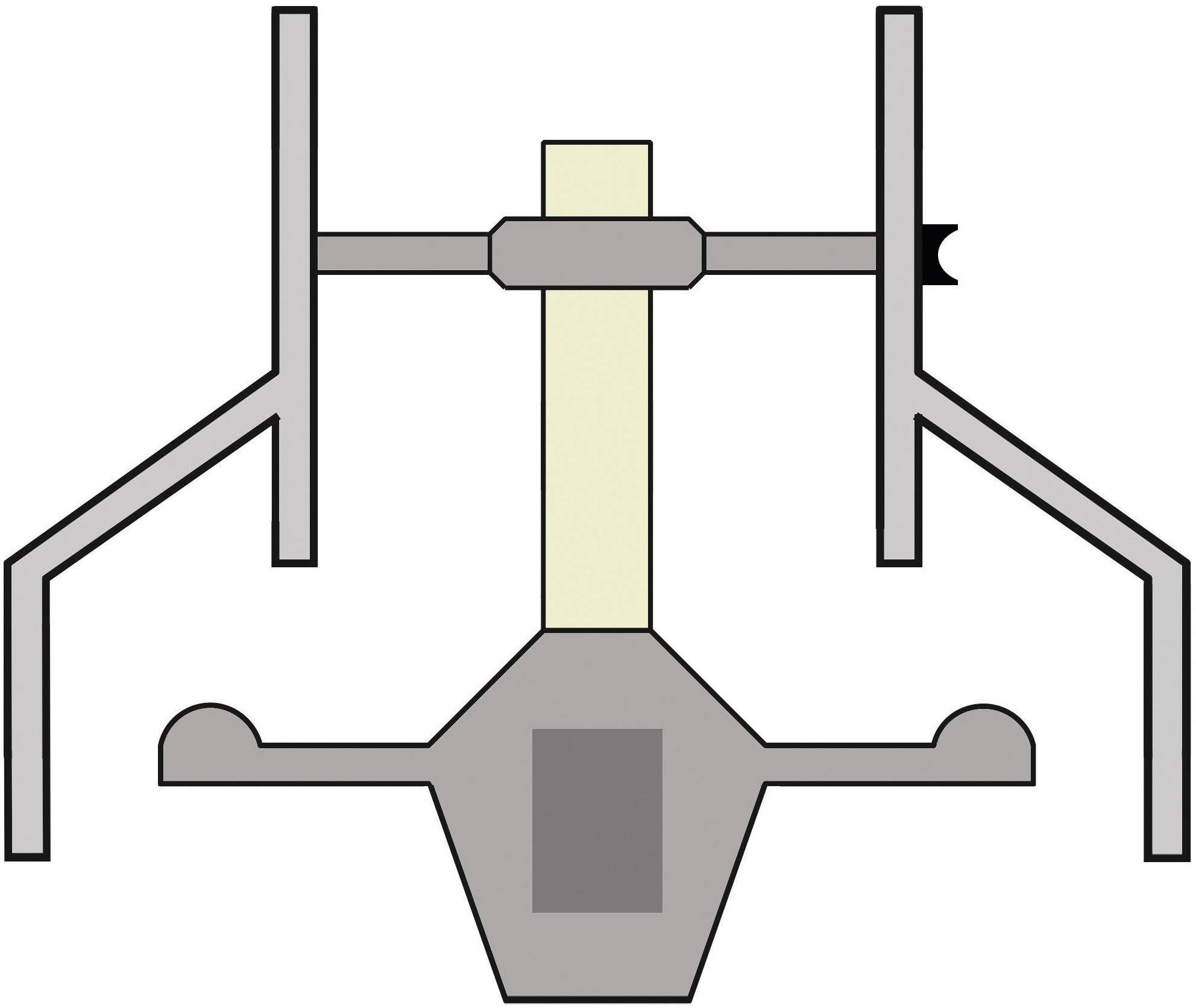 Diagram mechanického chapadla s centrální pákou, dvěma čelistmi a klouby umožňujícími otevírání a zavírání čelistí.