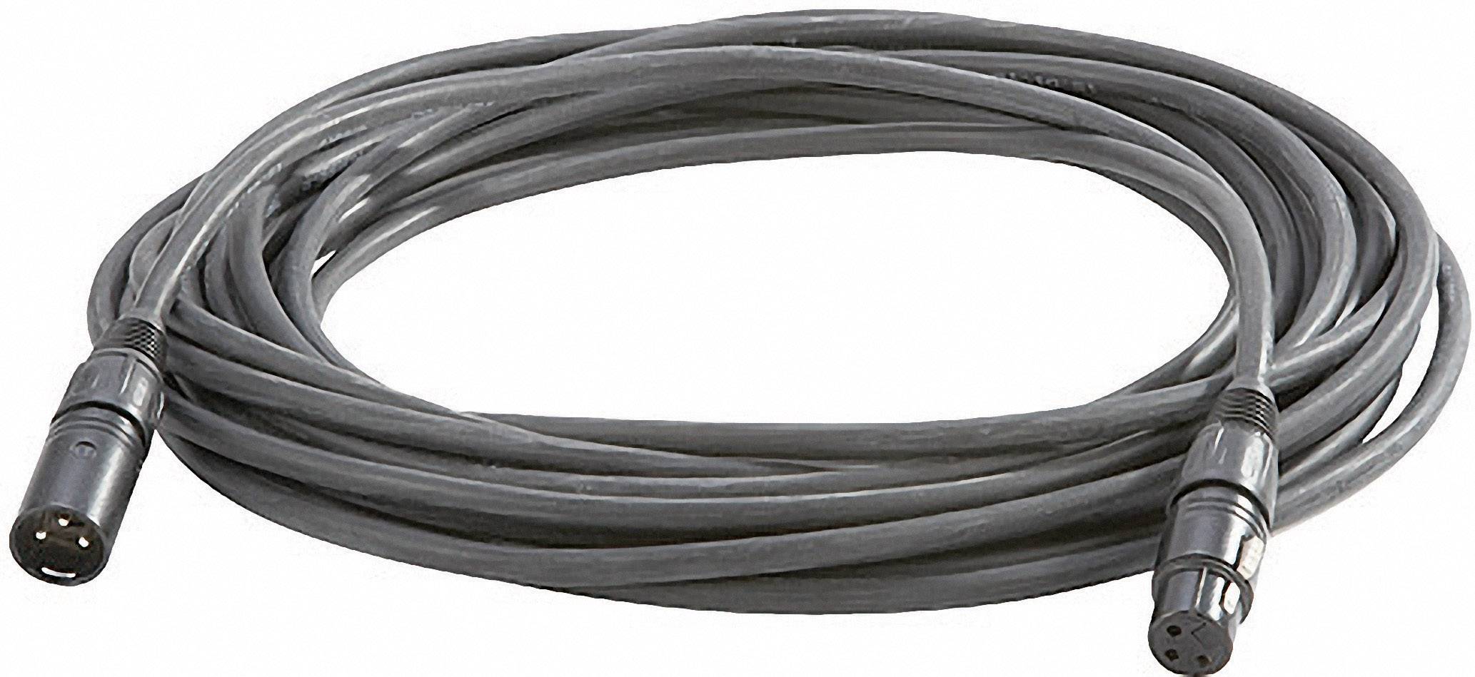 Dlouhý černý audiokabel s XLR konektory na obou koncích, vhodný pro profesionální zvukové aplikace.