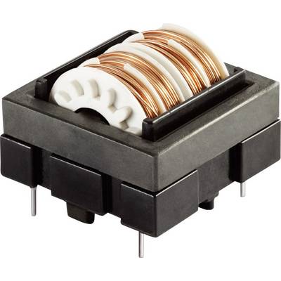 Obdélníkový elektronický induktor obtočený měděnými cívkami na bílém jádře, se čtyřmi kovovými svorkami na spodní straně.
