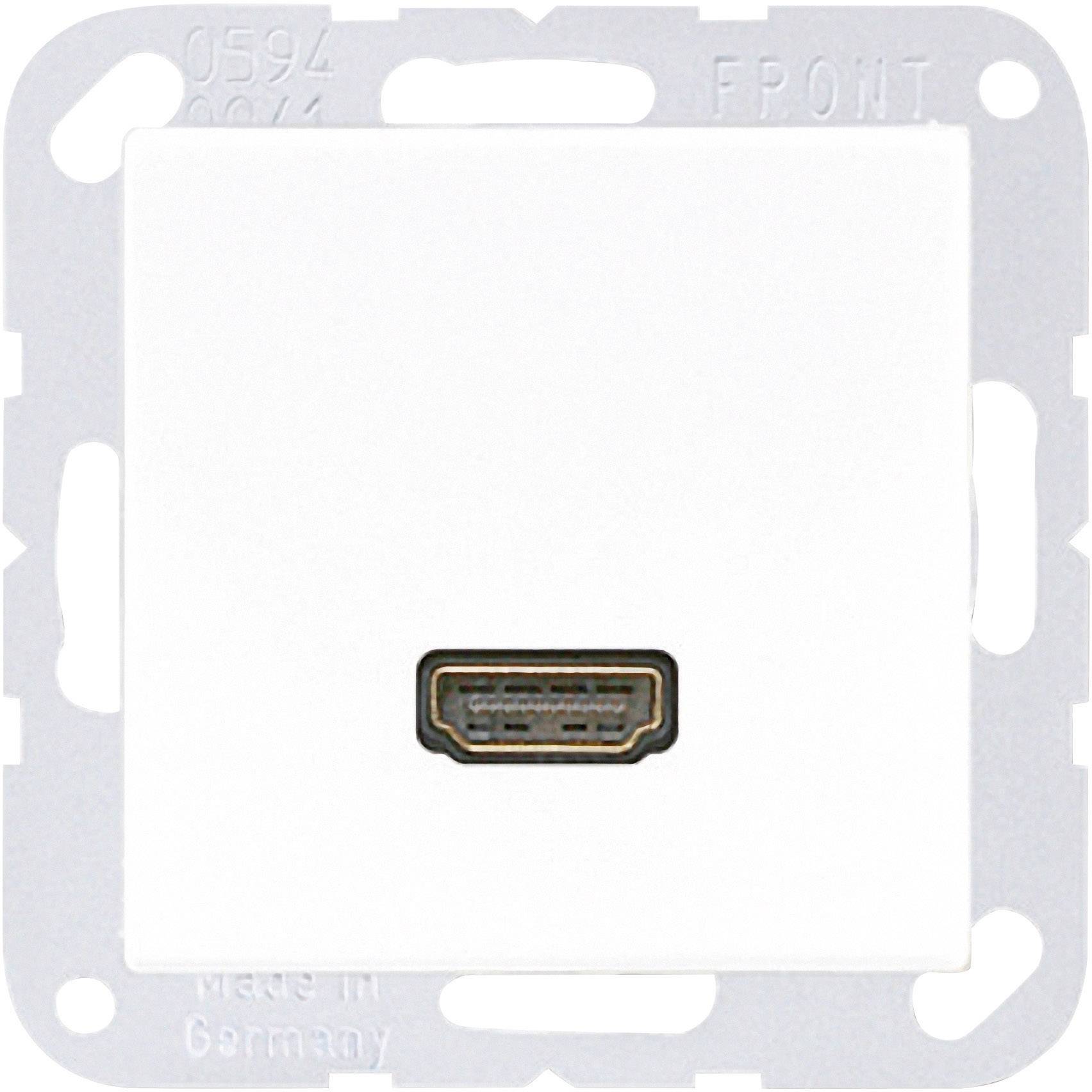 HDMI konektor na bílém nástěnném panelu, vhodný pro integraci do domácího nebo kancelářského instalačního systému.