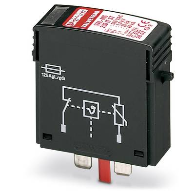Obrázek ukazuje černou elektronickou součástku s popisky a elektrickými symboly. Tato komponenta má dva kovové kontakty dole a pravděpodobně se jedná o pojistkový modul nebo spínací prvek.