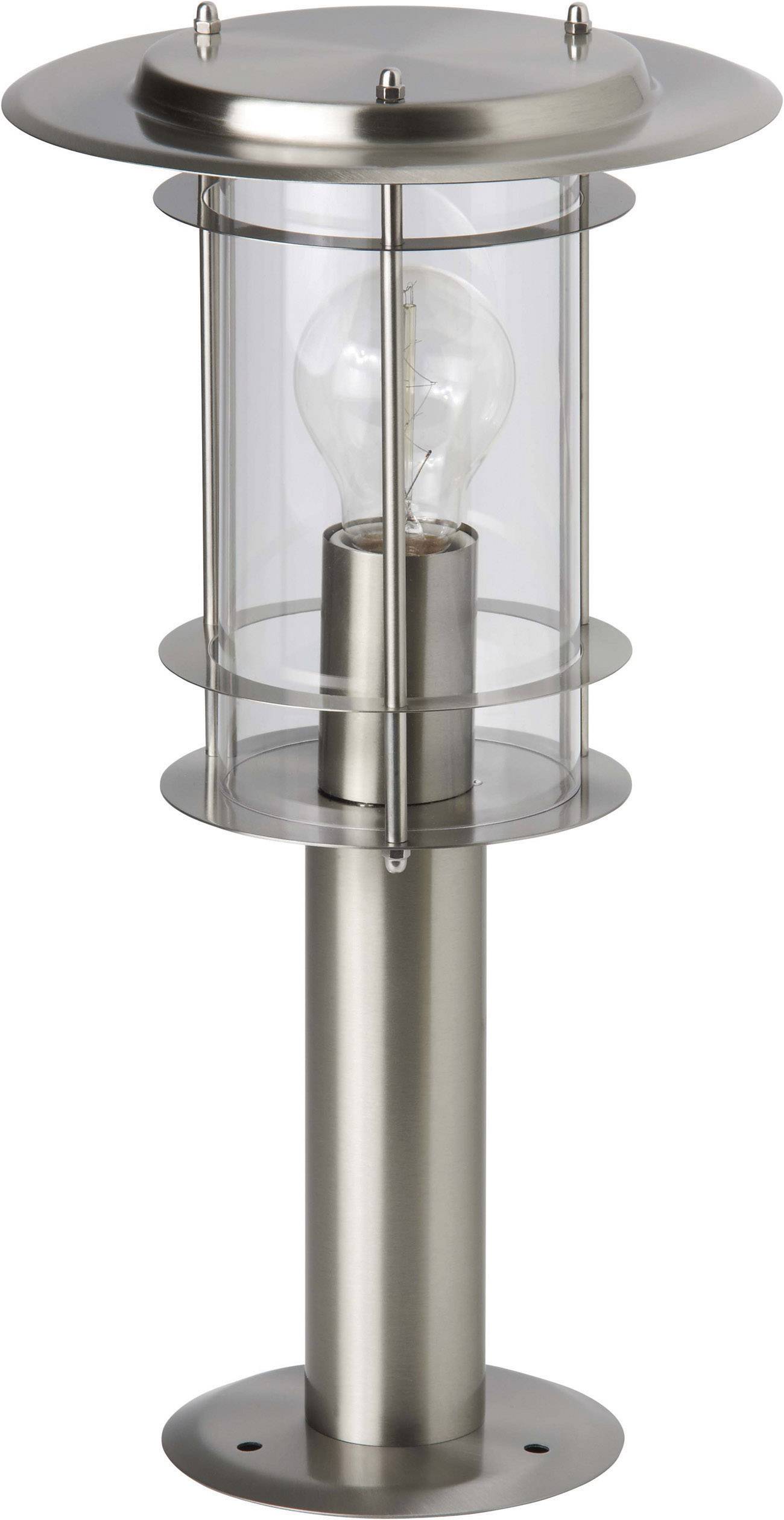 Moderní, kovová venkovní lampa se skleněným válcem a viditelnou žárovkou, namontovaná na stabilní podstavě.