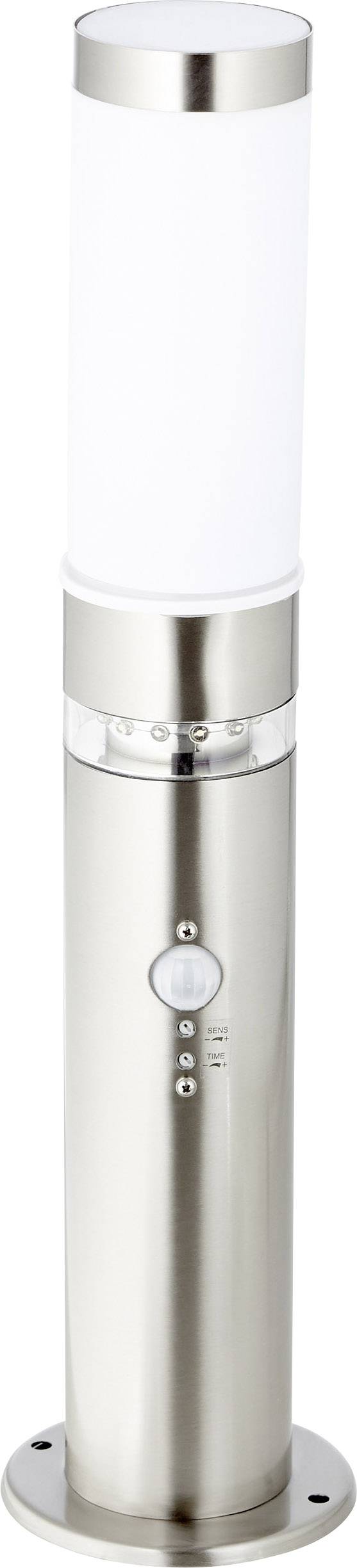 Stříbrná válcovitá venkovní svítilna s pohybovým senzorem, vhodná pro osvětlení zahrady nebo chodníku.