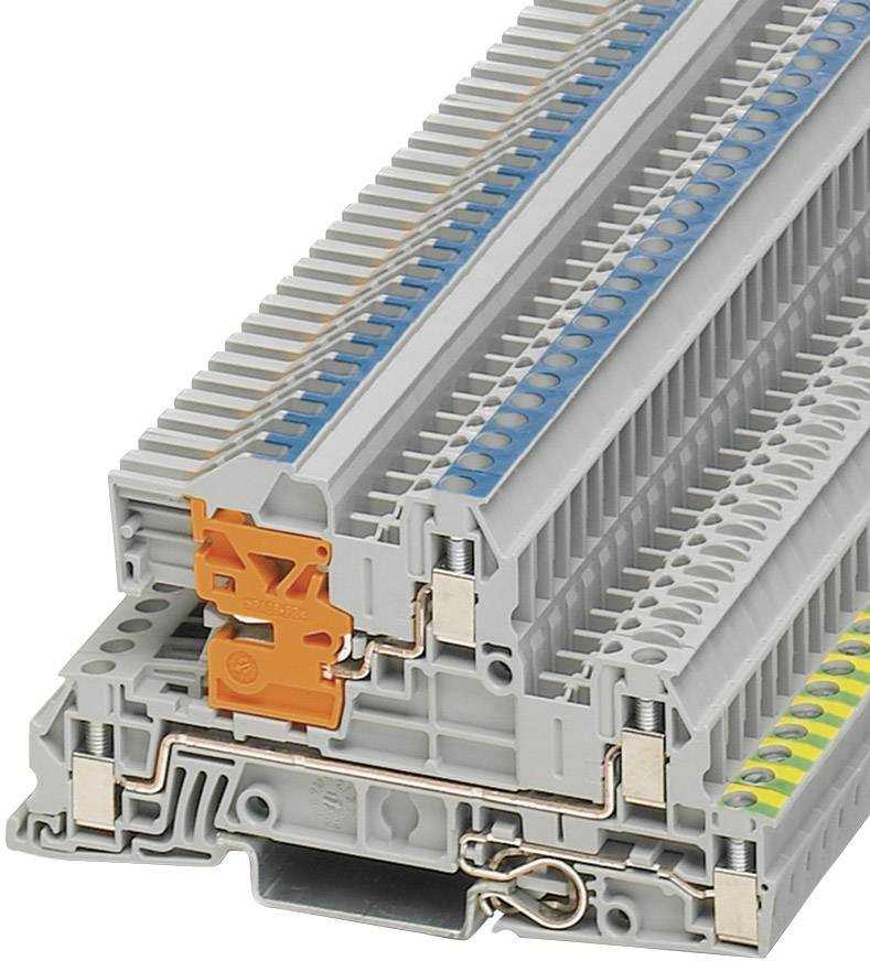 Víceúrovňová svorka s různými úrovněmi a barvami pro propojení elektronických obvodů, zobrazená v profilu.