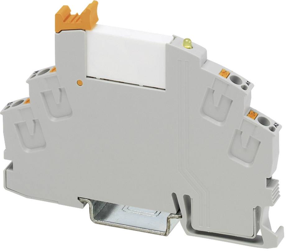 Šedé relé pro montáž na lištu s oranžovými upevňovacími sponkami. Používané především v elektronických obvodech a automatizačních systémech.