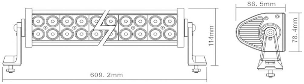 Technický výkres LED světelné lišty s rozměry: délka 609,2 mm, výška vpředu 114 mm, výška po straně 86,5 mm, hloubka 78,4 mm.