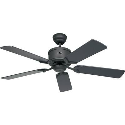 Černý stropní ventilátor s pěti lopatkami, instalovaný na stropě, zachycený z mírně boční perspektivy.