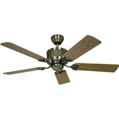 Stropní ventilátor s pěti dřevěně zbarvenými křídly a bronzovým tělem. Ideální pro obývací nebo ložnici pro cirkulaci vzduchu.