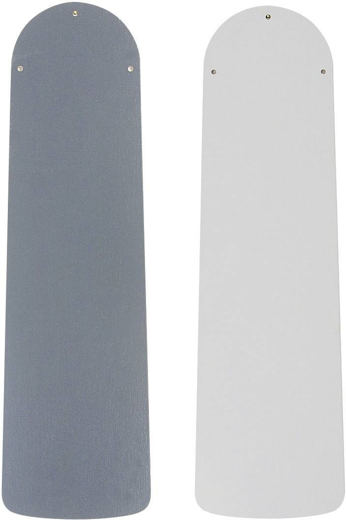 Dva protáhlé, zaoblené objekty v tmavě šedé a bílé barvě, každý se čtyřmi malými šroubky v rozích.