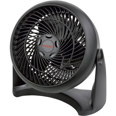 Malý černý stolní ventilátor v profilem, ukazující mřížku a lopatky rotoru. Název značky viditelný uprostřed.