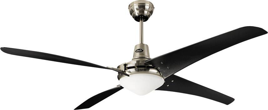 Stropní ventilátor se čtyřmi černými listy a centrálním světlem v moderním designu. Ideální pro ochlazení místnosti a osvětlení.