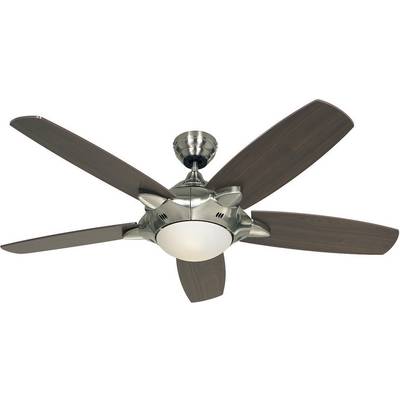 Stropní ventilátor s pěti dřevěnými listy a kovovým tělem, se zabudovaným světlem uprostřed. Vhodný pro vnitřní prostory pro cirkulaci vzduchu.