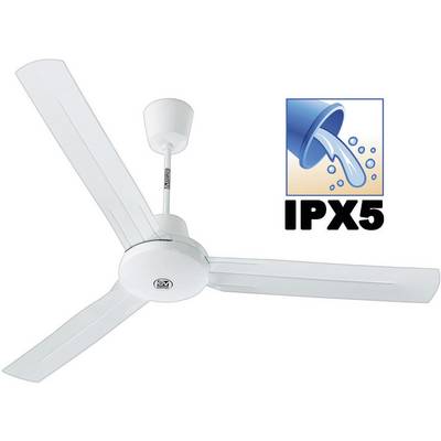 Bílý stropní ventilátor se třemi listy a štítkem 'IPX5', což znamená voděodolnost. Ideální pro vlhké prostory.