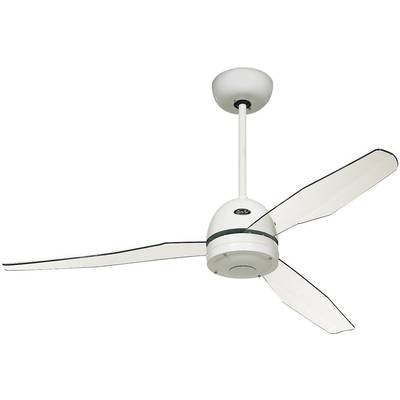 Bílý stropní ventilátor se třemi křídly, upevněný na tyči, s kulatým krytem na stropě.